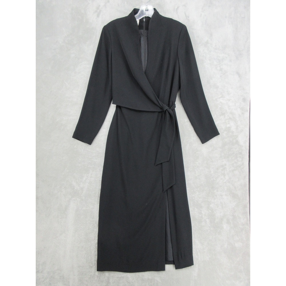 Jones New York Dress Womens Size 10 Petite Faux Wrap Side Tie Front Slit Black